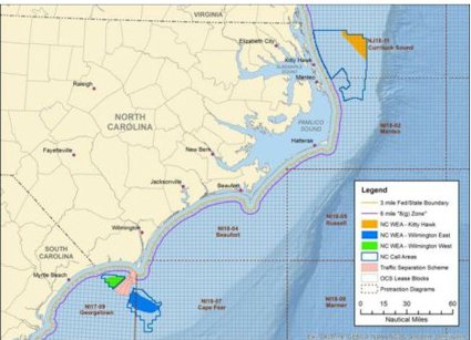 One area off the northern Outer Banks and two near Cape Fear are considered suitable for wind-energy development. Map: BOEM