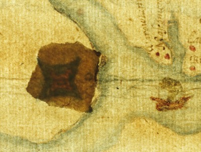 A map painted by John White in the mid-1850s offered archeologists a tantilizing clue at the fork of the Roanoke and Chowan rivers. Illustration: UNC