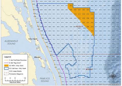 The area proposed for leasing, shaded in orange, consists of about 122,000 acres about 24 nautical miles from Kitty Hawk. Source: BOEM