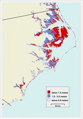 The Albemarle-Pamlico region is vulnerable to saltwater intrusion in part because of its low elevation. The red area is land that's just 1.5 meters above sea or less. The region is also vulnerable because of its extensive drainage network, which allows saltwater to work its way farther inland, researchers say. Map: 