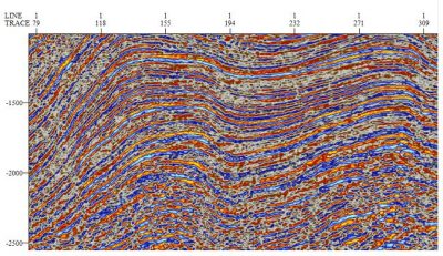 This is a 2D seismic line image showing layers of rock and sediment. Photo: John McFarland, Oil and Gas Lawyer Blog