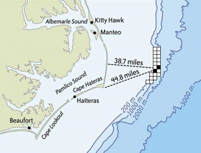 A consortium of eight oil companies leased 21 blocks off Hatteras Island in 1981. An exploratory oil well that was proposed for one triggered a fight with Outer Banks residents and the state's governor. Source: Minerals Management Service