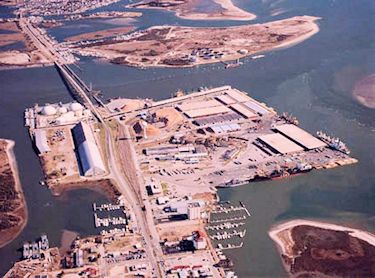 Radio Island, in the upper portion of the photo, would offer the only land at the State Port in Morehead City that could be developed to service offshore oil rigs. Photo: N.C. State Ports Authority