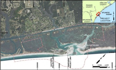 The proposed terminal groin project would be built at the north end of Figure Eight Island on Rich Inlet. Map: Army Corps of Engineers