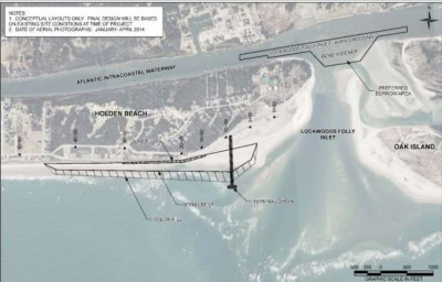 The preferred Holden Beach terminal groin design includes a 1,000-foot-long structure that would extend about 700 feet into the ocean. Image: Corps of Engineers