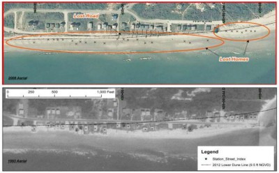 This comparison of the east end of Holden Beach in 2008, above, and 1993 shows 27 structures, indicated by X-marks, lost to erosion. Photo: Corps of Engineers