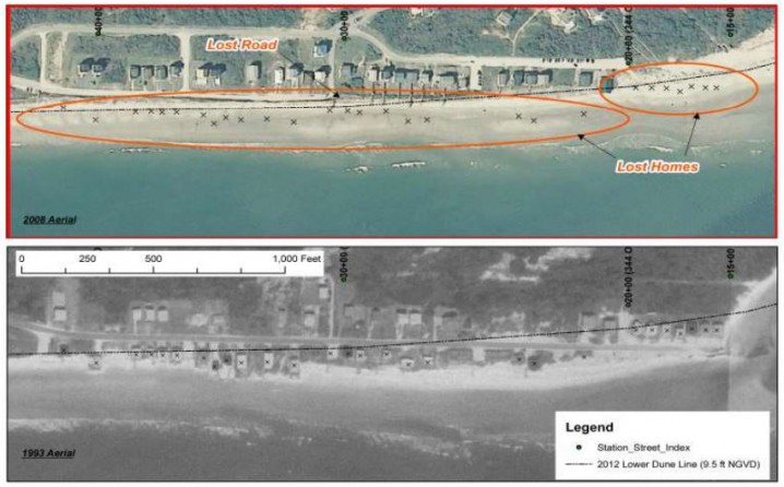 This comparison of the east end of Holden Beach in 2008, above, and 1993 shows 27 structures, indicated by X-marks, lost to erosion. Photo: Corps of Engineers