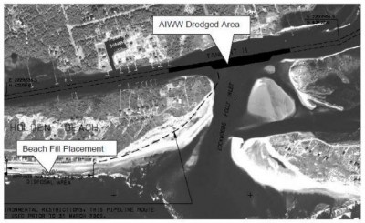 This image from the environmental study shows the site where sand would be taken at the crossing of the intracoastal waterway and Lockwood Folly Inlet and the placement area on the east end of Holden Beach.