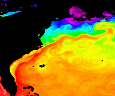 This infrared image shows the warm waters of the Gulf Stream hugging the Southeast coast, moving millions of gallons of water per second. Photo: NASA
