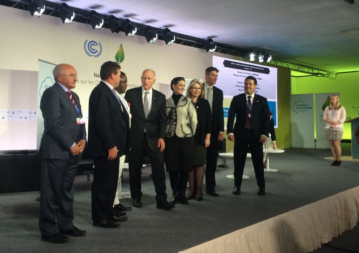 California Gov. Jerry Brown, center, joins a panel during the discussions in Paris. Photo: Cate Kozak