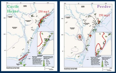 A comparison of chloride concentration data collected from public-supply wells in the 1960s with that collected in 2012 shows marked increases in chloride concentrations in the Peedee aquifer near the town of Carolina Beach at the southern end of New Hanover County. Source: USGS