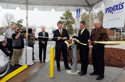 Officials unveil on Jan. 11, 2012, one of the state’s first electric vehicle charging stations at a highway rest area in Alamance County. The charging station was later removed because of a legislative directive. Photo: N.C. Department of Transportation