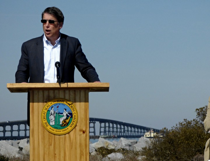 Gov. Pat McCrory speaks Tuesday during a groundbreaking event marking the start of construction of the long-awaited Bonner Bridge replacement. Photo: Kip Tabb
