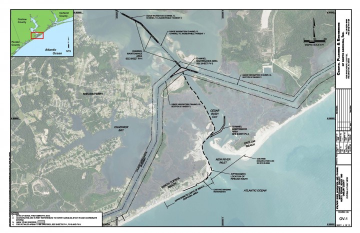 The dredging will take place in the Intracoastal Waterway in New River, including the channel crossing and Cedar Bush Cut. Image: North Topsail Beach