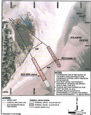 The Figure Eight Homeowners' Association now wants to build a terminal groin more than 400 feet farther north than originally proposed. Illustration: Army Corps of Engineers