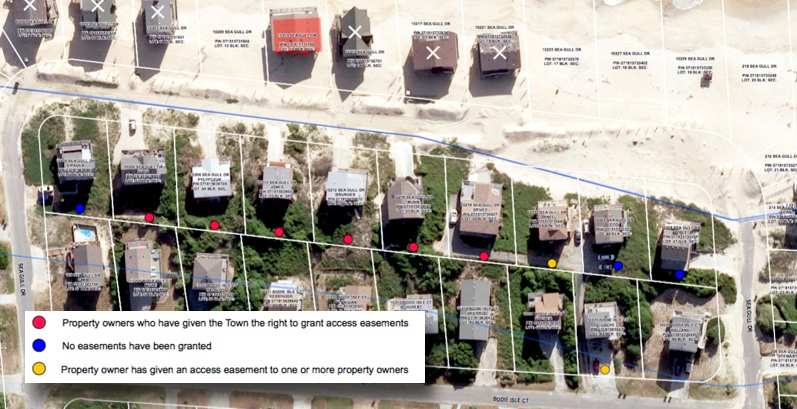 Seagull Drive runs roughly above the blue line. The houses with Xs have been torn down. Photo: Town of Nags Head