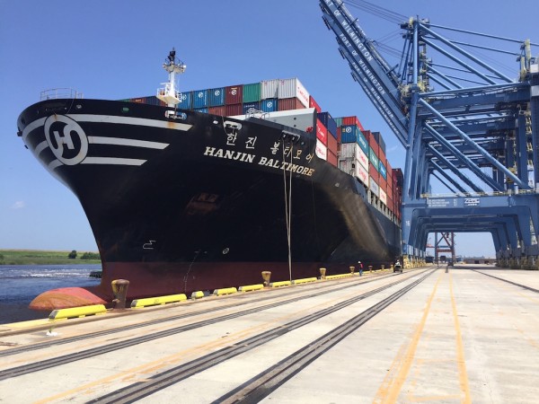 The Hanjin Baltimore, measuring 984 feet in length and 140 feet in width, was the first post-Panamax ship to call at the N.C. Port of Wilmington, arriving in June. Photo: N.C. Ports