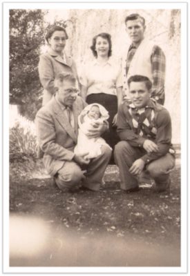 The Pilkey family in 1956 included, clockwise from top left, Elizabeth Pilkey; Orrin Jr.'s wife, Sharlene Pilkey; Walter Pilkey; Orrin Pilkey Jr.; infant Charles Pilkey; and Orrin H. Pilkey Sr. Photo courtesy of Charles Pilkey.