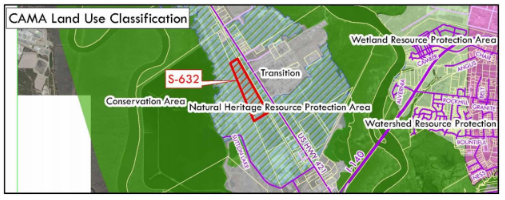 The proposed sand mine property is classified as Natural Heritage Resource Protection by the county’s 2006 CAMA Land Use Plan. These are areas identified by the North Carolina Natural Heritage Program as generally unique habitats that warrant special attention and protection. Map: New Hanover County Planning