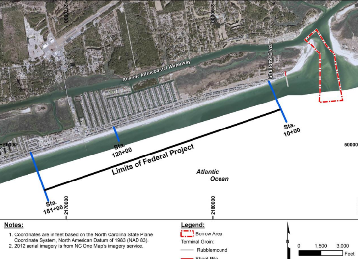 This map of Ocean Isle Beach shows the limits of the federal re-nourishment project, the area of the inlet from where sand would be mined and the proposed terminal groin. Map: Army Corps of Engineers