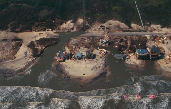Hurricane Fran cut more than a half-dozen channels, temporary inlets, through the island at North Topsail Beach. Photo: U.S. Geological Survey