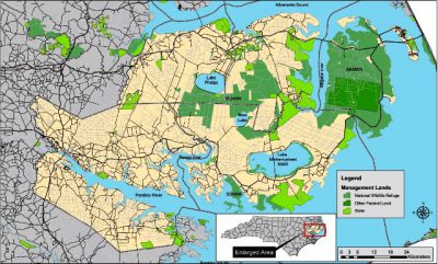 At the height of the program, about 10 years ago, about 130 red wolves roamed their native habitats in Hyde, Dare, Tyrrell, Washington and Beaufort counties. Map: U.S. Fish and Wildlife