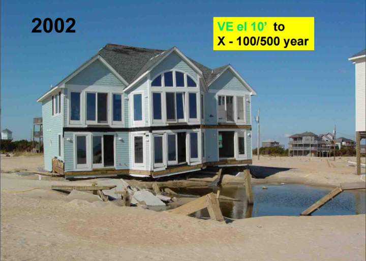 In this slide from Spencer Rogers' PowerPoint, a home built in 2002 in Hatteras Village is shown after being knocked off its foundation by flooding during Hurricane Isabel in 2003. The existing rate map designates this as a high-risk VE zone, with a base flood elevation of 10 feet. The new preliminary maps would remove this location from the floodplain altogether. Photo: Coastal Resources Advisory Council