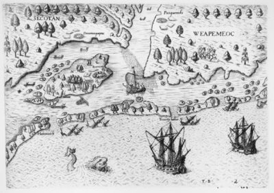 “The arriual of the Englishemen in Virginia,” engraving by Theodor De Bry, printed 1590, based on maps by John White and Thomas Hariot, 1585-1586. Source: John Carter Brown Library at Brown University