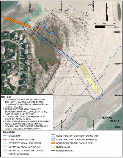 Shown is the footprint of the proposed terminal groin, construction corridor and offloading pier for the Figure Eight Island Homeowners Associations preferred alternative. Image: Army Corps of Engineers