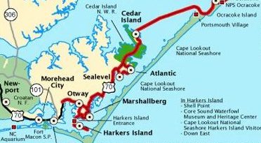 The southern entrance to the Outer Banks Scenic Byway is just north of Beaufort, where the red line begins, and continues through Down East communities, including Otway, Sealevel and Cedar Island, across Pamlico Sound to Ocracoke and then north along the Outer Banks. Map: Scenic Byway Committee