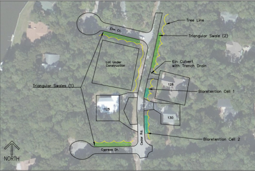 This graphic shows the plans for Pine Knoll Shores BMPs. It was created by Tillett, who worked closely with Sneeden and the town. Photo: Bree Tillett