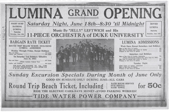 The Lumina Pavilion opened in 1905 and remained an entertainment attraction until 1952. This advertisement from the Wilmington Star announces the 1932 season. Source: New Hanover County Public Library