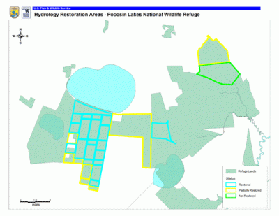 The status of hydrology restoration at Pocosin Lakes Refuge is illustrated in this map. Source: U.S. Fish and Wildlife